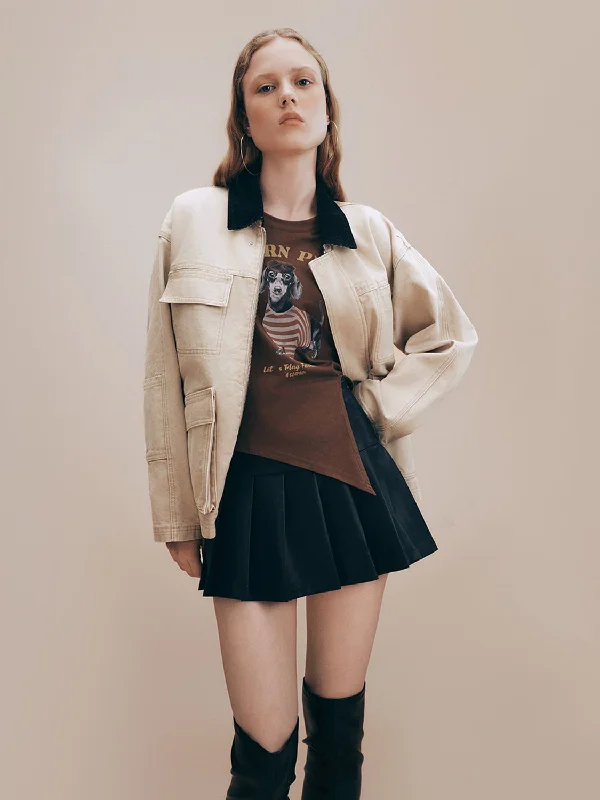 Multi Pocket Loose Denim Jacket Front Pockets Side Pockets Patch Pockets