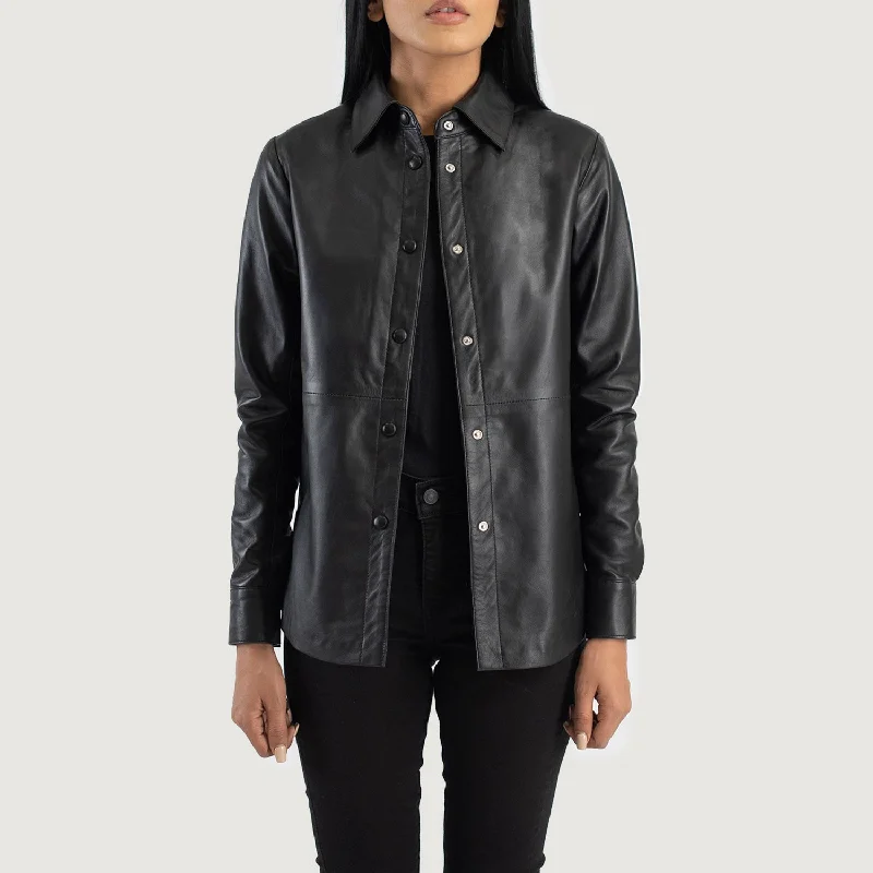 Zenith Black Leather Shirt Jacket Belted Jacket Elasticated Jacket Padded Jacket
