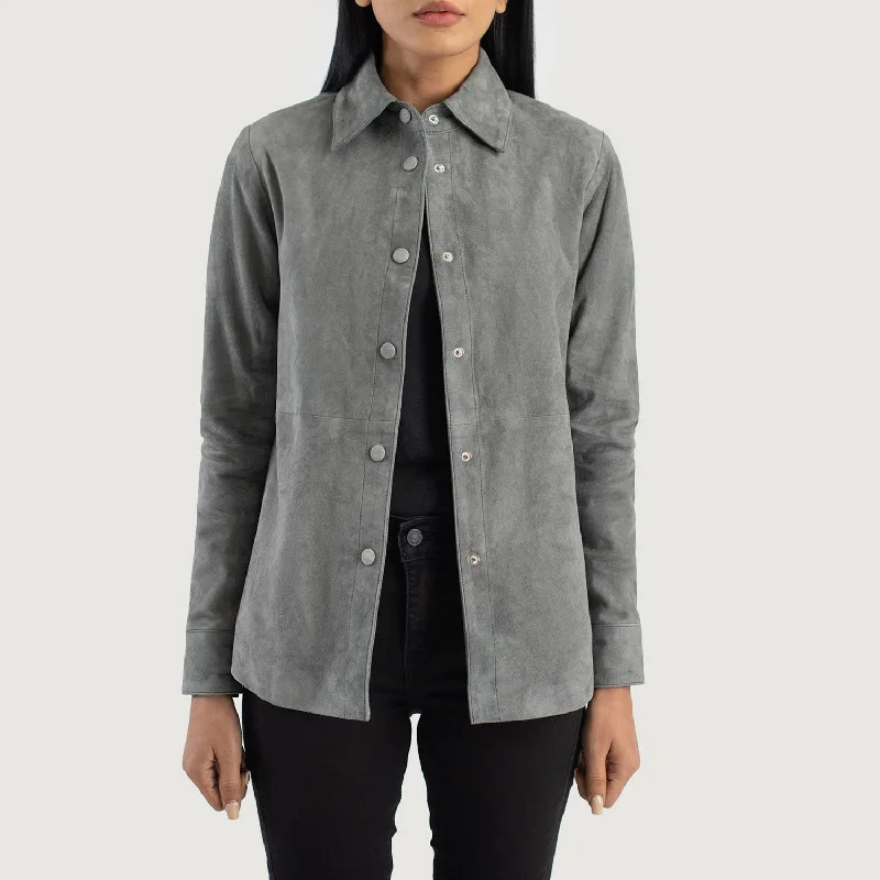 Zenith Grey Suede Leather Shirt Jacket Front Pockets Side Pockets Patch Pockets