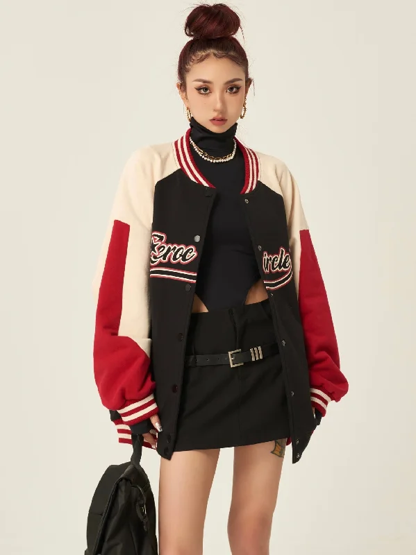Zerocircle Letter Print Patchwork Long Sleeve Button Up Varsity Jacket Fitted Jacket Loose Jacket Oversized Jacket Zerocircle Letter Print Patchwork Long Sleeve Button Up Varsity Jacket Fitted Jacket Loose Jacket Oversized Jacket