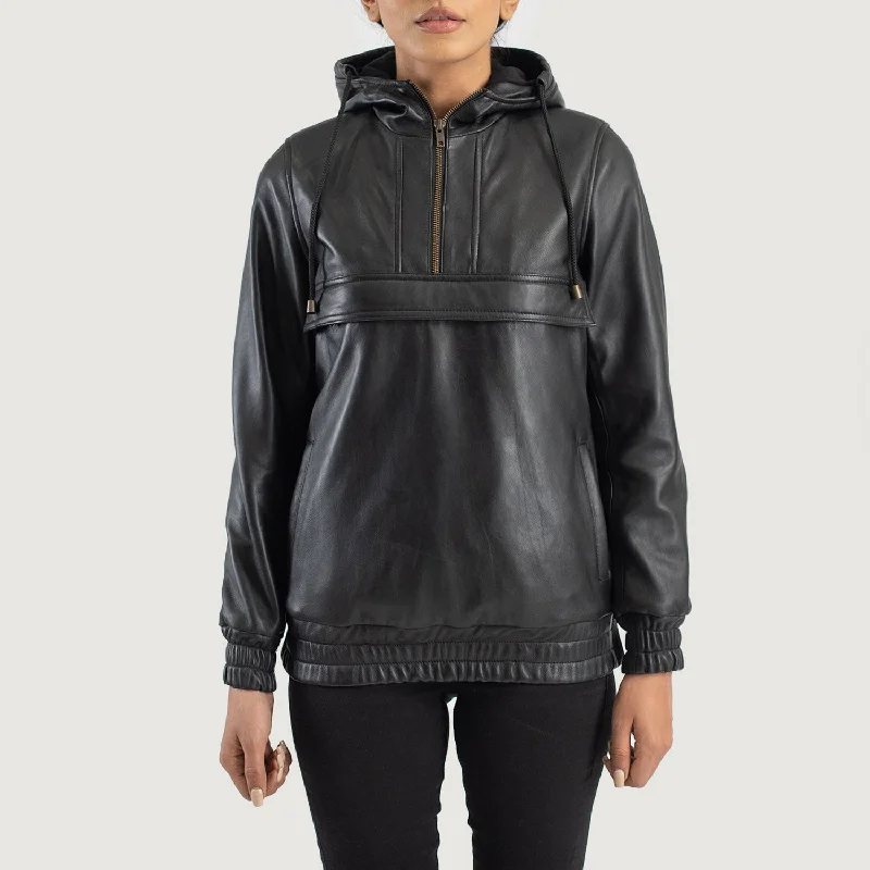 Zest Black Hooded Leather Pullover Jacket Welt Pockets Slit Pockets Flap Pockets