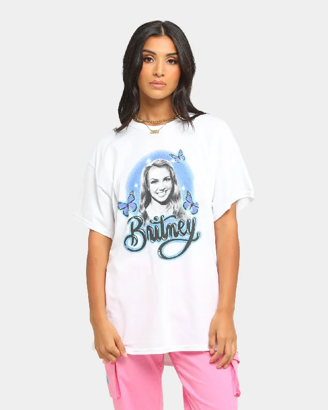 Britney Spears Butterflies Short Sleeve T-Shirt White Welt Pockets Slit Pockets