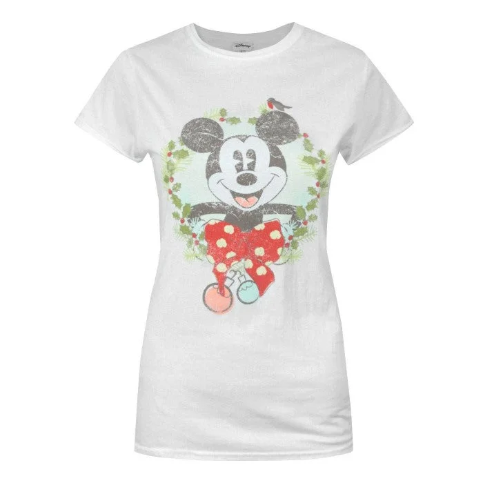 Disney Womens/Ladies Mickey Mouse Christmas T-Shirt Collared Crew Neck Turtle Neck