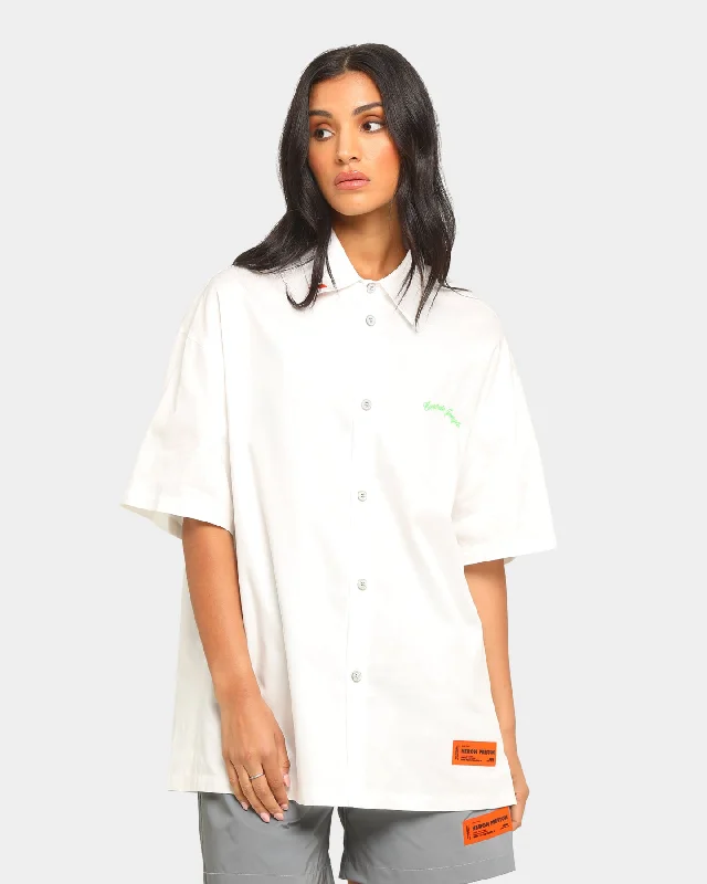 Heron Preston Boxy Fit Short Sleeve Button Up Shirt White Denim Fabric Leather Fabric Suede Fabric