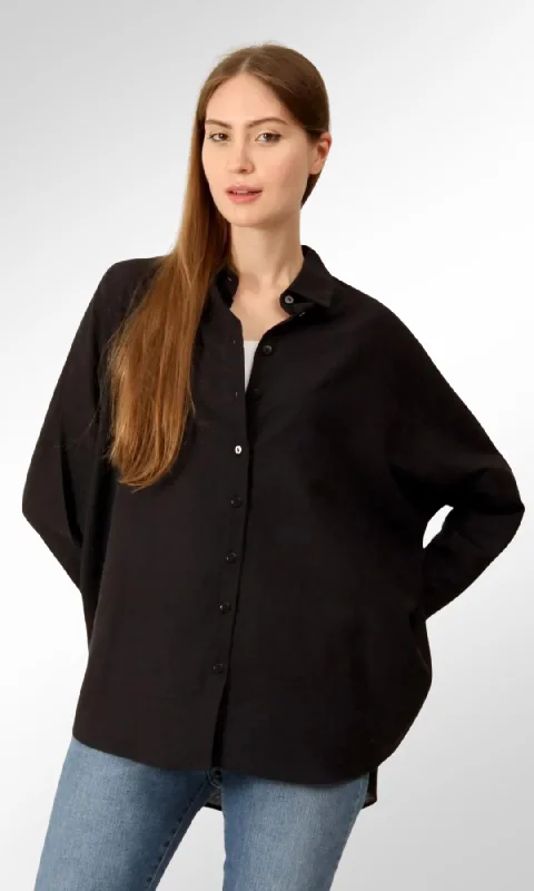 Long Basic Shirt -(Black) Rayon Velvet Corduroy