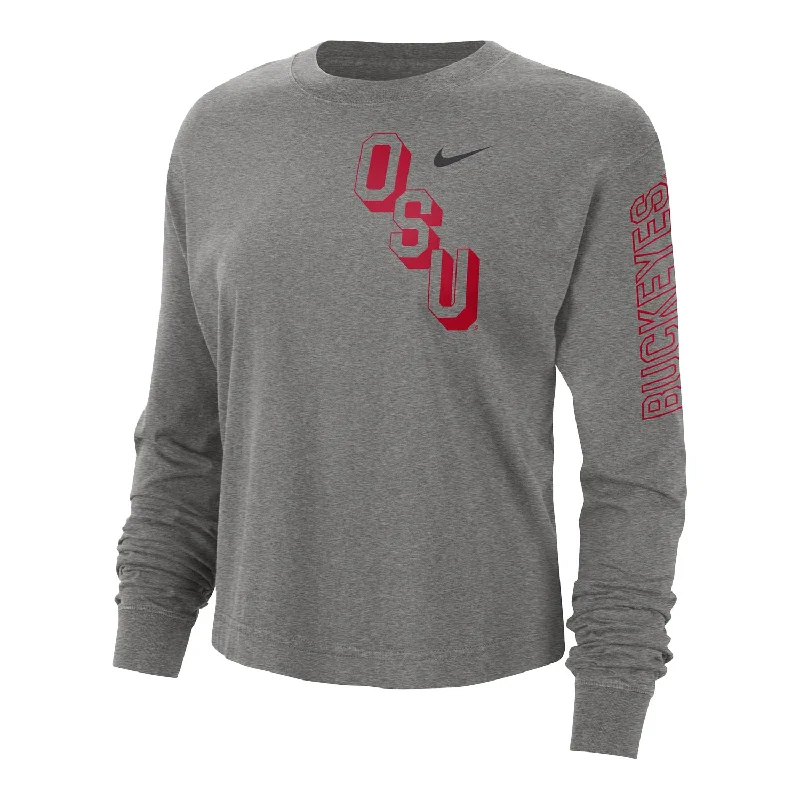 Ladies Ohio State Buckeyes Nike Heritage Boxy Gray Crew Neck T-Shirt Houndstooth Herringbone Solid