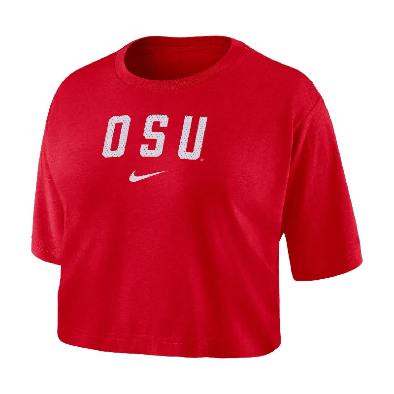 Ladies Ohio State Buckeyes Nike Dri-FIT Logo Scarlet Crop T-Shirt Thin T-Shirt Open Front Quick Dry