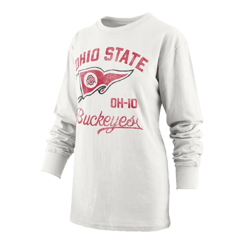 Ladies Ohio State Buckeyes Pine Top Old Standard White Long Sleeve T-Shirt Spandex Blend Rayon Blend Denim Blend