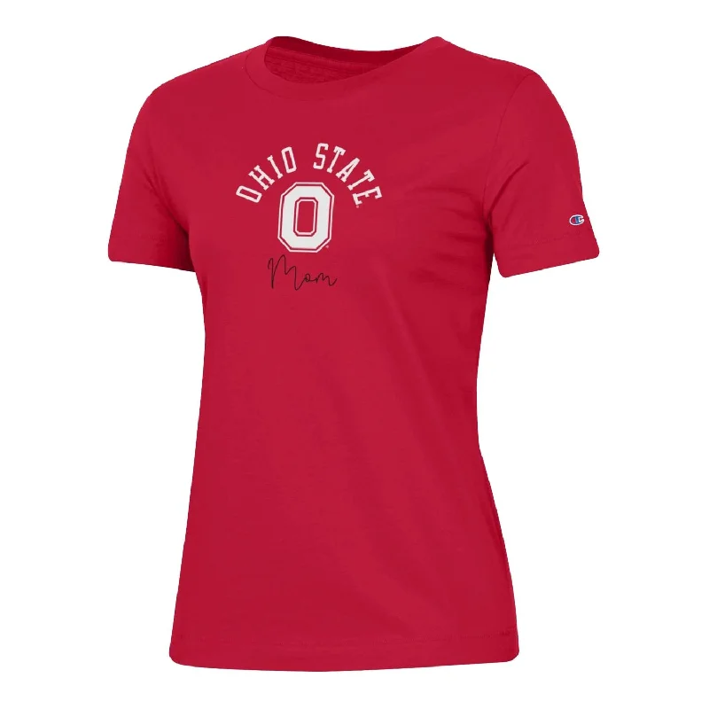 Ladies Ohio State Buckeyes Champion Mom Scarlet T-Shirt Cotton Fabric Linen Fabric Terry Fabric