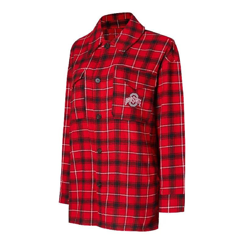 Ladies Ohio State Buckeyes Boyfriend Nightshirt Scarlet & Gray Long Sleeve Flannel Wool Fabric Cashmere Fabric Tweed Fabric