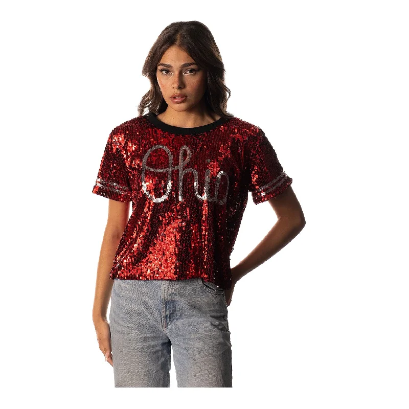 Ladies Cropped Sequin Scarlet T-Shirt Chenille Brocade Lace