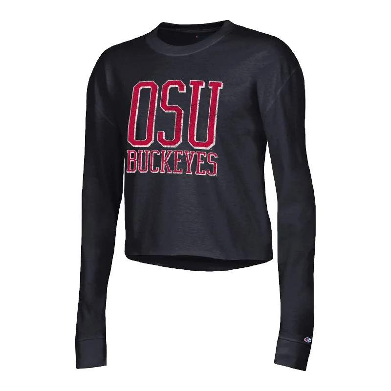 Ladies Ohio State Buckeyes Boyfriend Crop Black Long Sleeve T-Shirt Zippered Buttoned Snapped