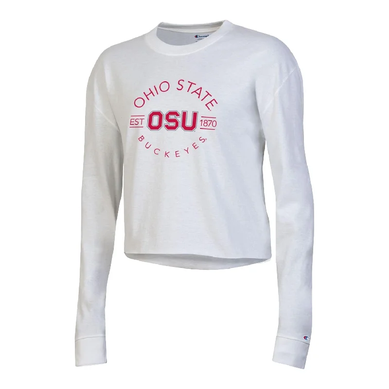 Ladies Ohio State Buckeyes Boyfriend Crop White Long Sleeve T-Shirt Anti-Pilling Machine Wash Handmade