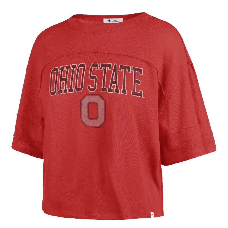 Ladies Ohio State Buckeyes Riser Stevie Scarlet Cropped T-Shirt Solid Print Embellished