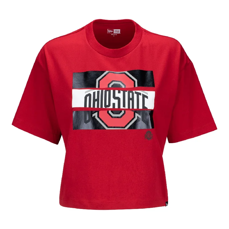 Ladies Ohio State Buckeyes Cropped Foil T-Shirt Print Jacquard Patchwork