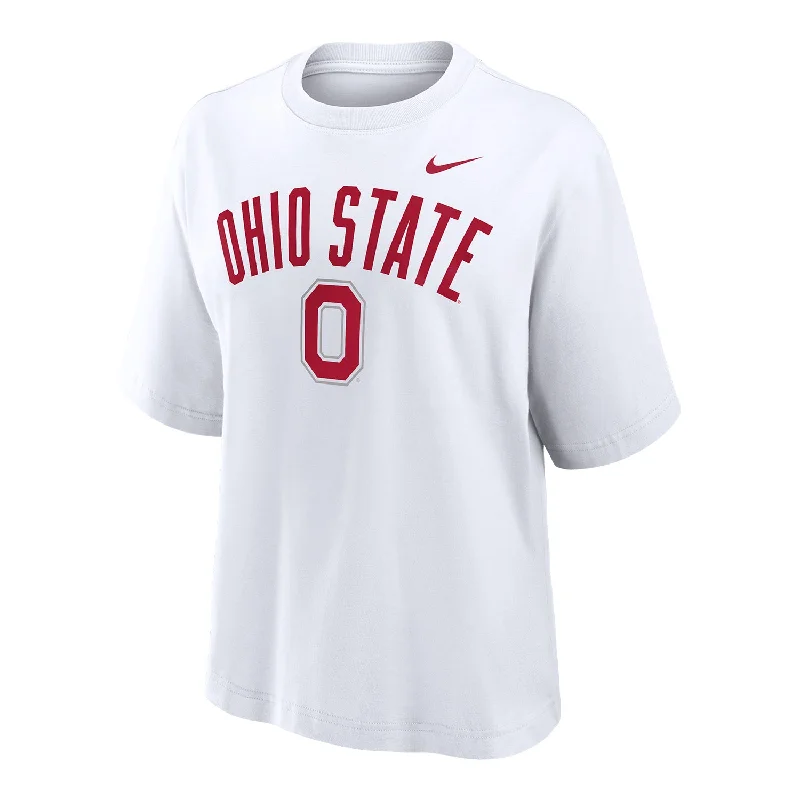 Ladies Ohio State Buckeyes Nike Block O Boxy White T-Shirt Front Pockets Side Pockets Patch Pockets