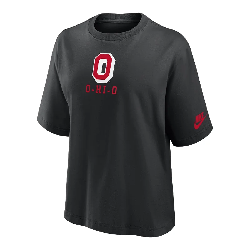 Ladies Ohio State Buckeyes Nike Retro Boxy Black T-Shirt Cashmere Blend Cotton Blend Poly Blend