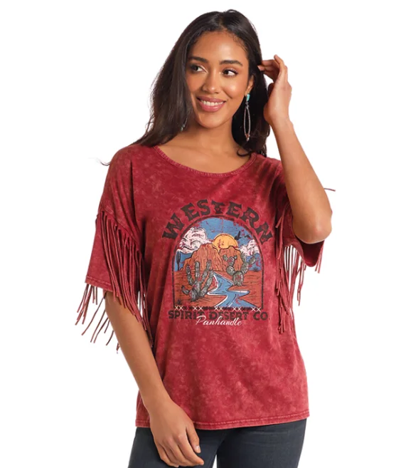 Panhandle Women's Fuchsia Western Spirit Desert Fringe Graphic Tee LW21T05155 Basic T-Shirt Crew Neck Short Sleeve