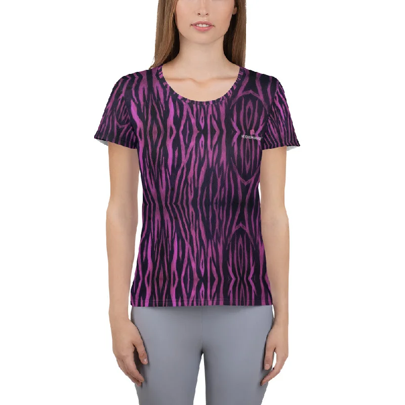 Purple Tiger Striped Tee, Tiger Stripes Best Animal Print Women's Athletic T-shirt - Made in USA/EU/MX Anti-Shrink Durable Soft