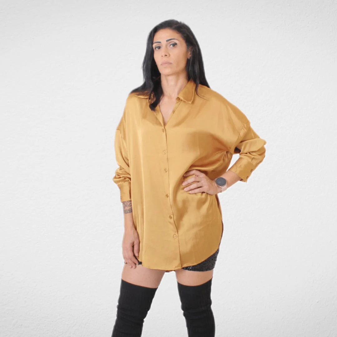 Shirt Satin - Women - Gold Real Fur Shearling Chenille