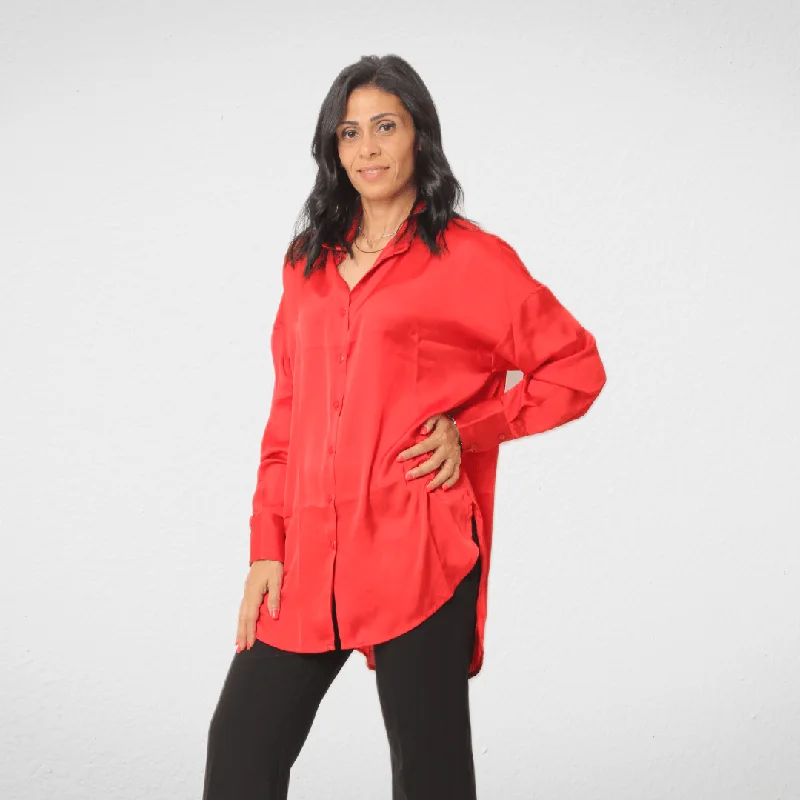 Shirt Satin - Women - Red Spandex Blend Rayon Blend Denim Blend