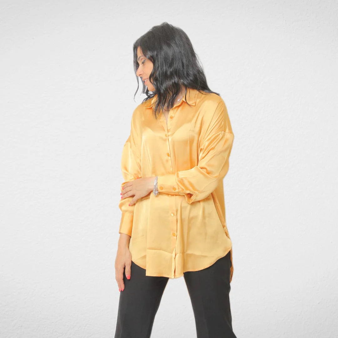 Shirt Satin - Women - Yellow Front Pockets Side Pockets Patch Pockets