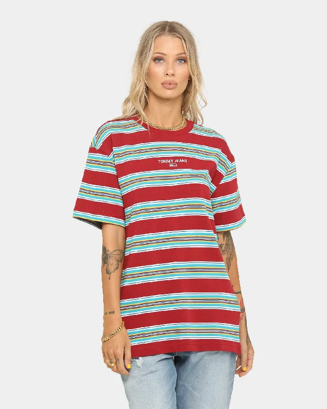 Tommy Jeans Stripe Layout T-Shirt Wine Red/Multi Mesh Fabric Canvas Fabric Denim Fabric