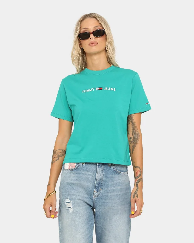 Tommy Jeans Women's Modern Linear Logo T-Shirt Midwest Green Ribbed Striped Patterned