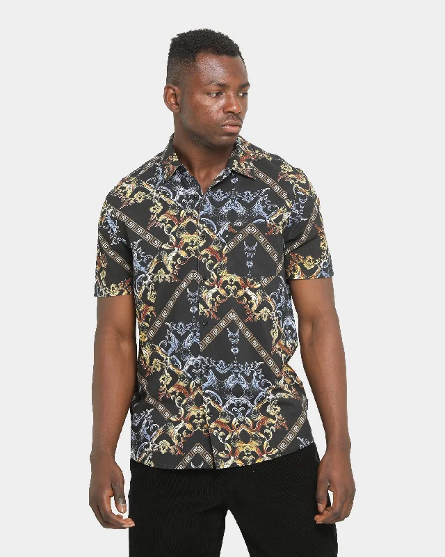 WNDRR Paleo Short Sleeve Shirt Black Print Jacquard Patchwork