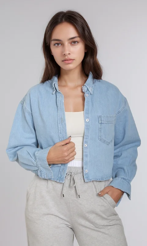 Women Cropped Jean Shirt (Blue) Cashmere Blend Cotton Blend Poly Blend