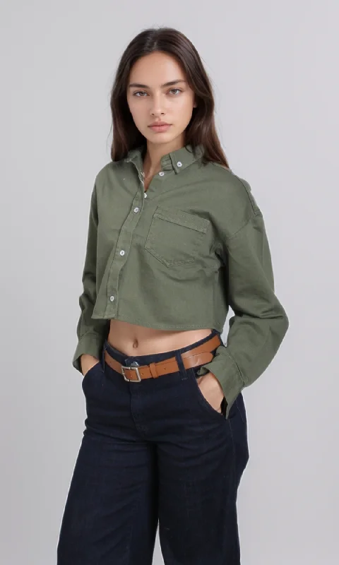 Women Cropped Jean Shirt (Oil Green) Denim Fabric Leather Fabric Suede Fabric