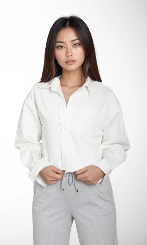 Women Cropped Jean Shirt (White) Rayon Fabric Velvet Fabric Corduroy Fabric