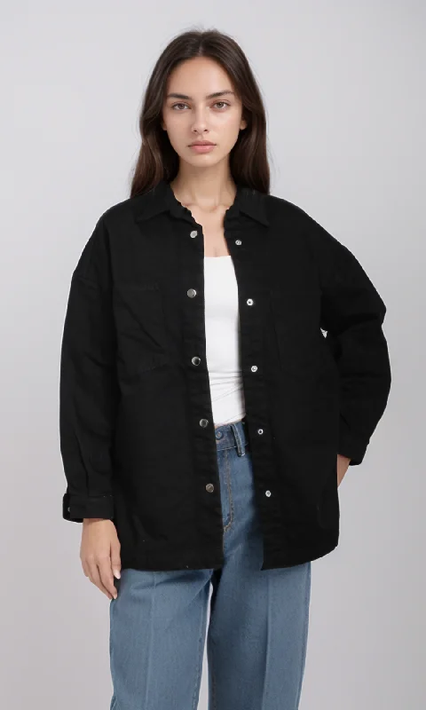 Women Long Denim Shirt (Black) Lace Blend Ribbed Blend Corduroy Blend