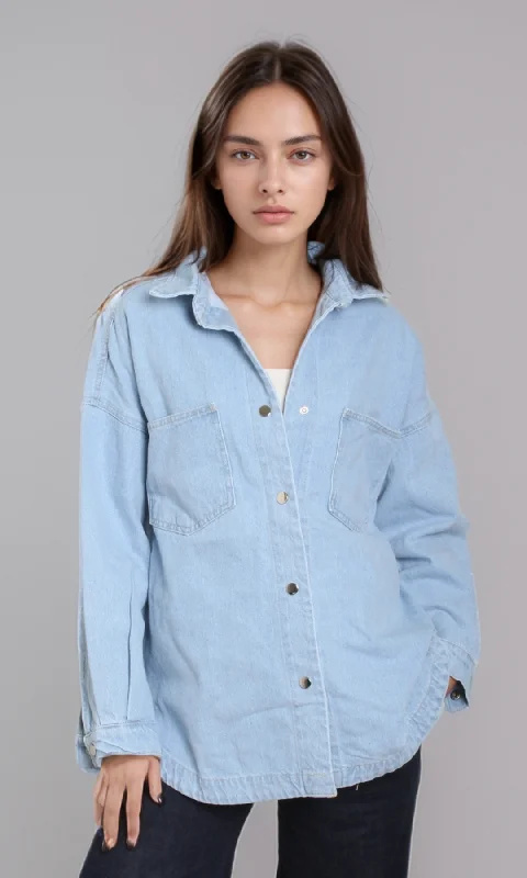 Women Long Denim Shirt (Blue) Houndstooth Herringbone Solid