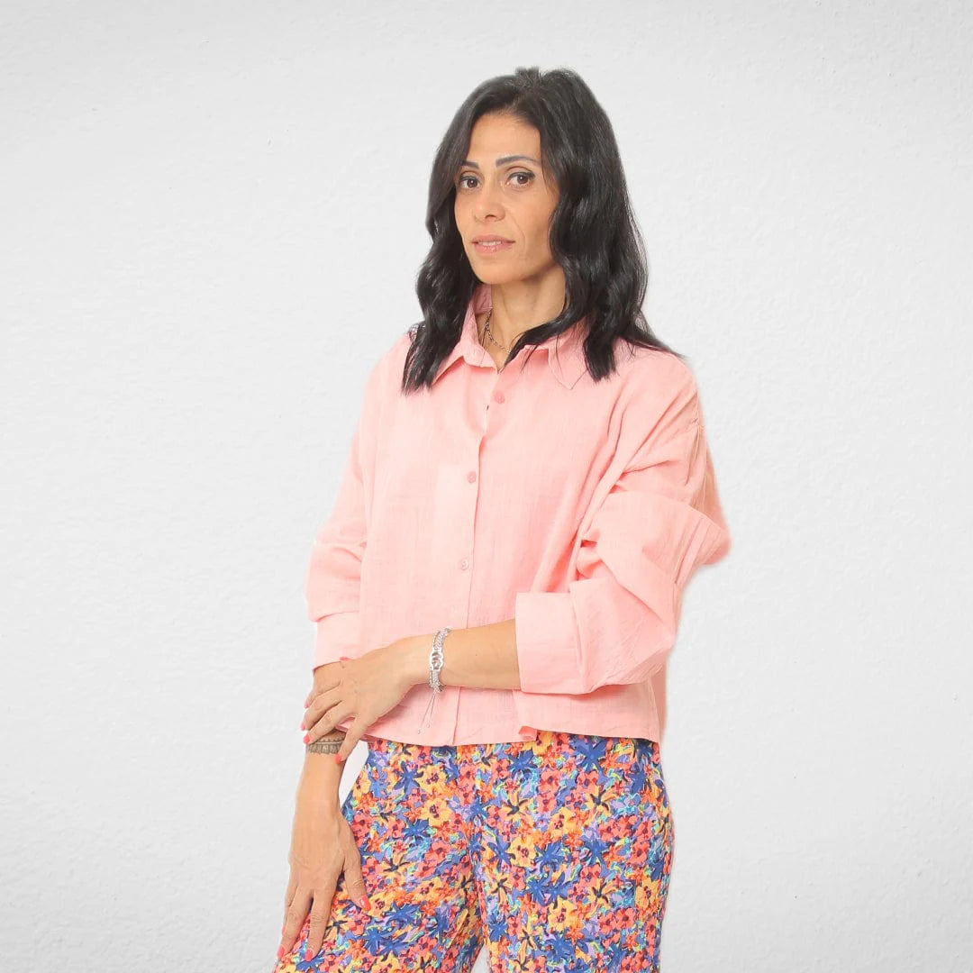 Women Shirt - Linen- ZAK - Pink Front Pockets Side Pockets Patch Pockets