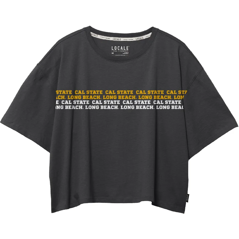 Women's CSULB Locale Boxy T-Shirt - Black, League Hooded Caped Shawl Collar