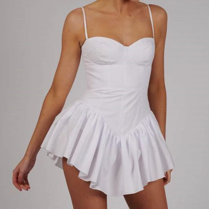 Annet Solid White Spaghetti Strap Mini Dress Trendy A-Line Mini Dress