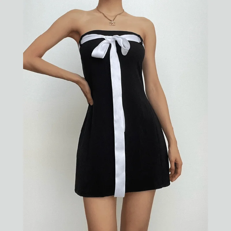 Backless bowknot contrast tube mini dress Fashionable A-Line Mini Dress