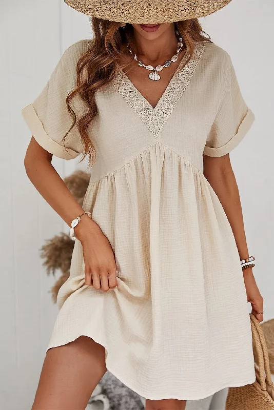 Beige Folded Short Sleeve Lace V Neck Mini Dress Trendy Lace Mini Dress