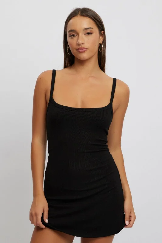 Black Mini Dress Sleeveless Rib A-Line Stylish Short Sleeve Mini Dress