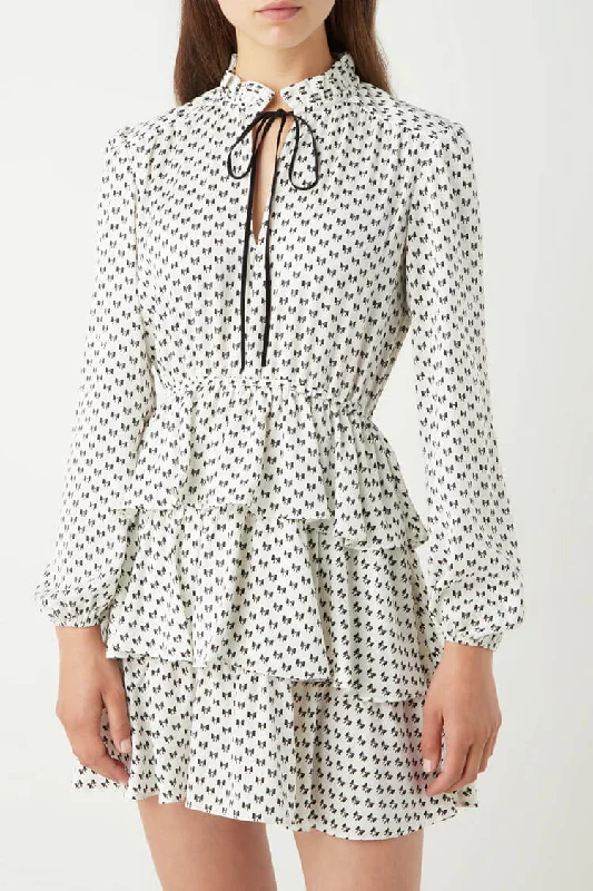 Bowknot Print Tie Front Long Sleeve Ruffle Tiered Mini Dress - White Trendy A-Line Mini Dress