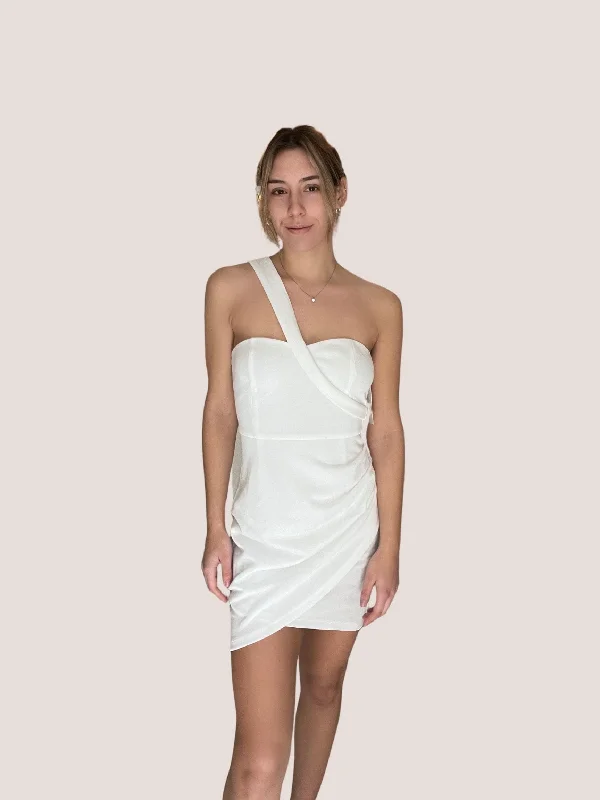 Caoihme One Shoulder Mini Dress Off White Elegant Satin Mini Dress