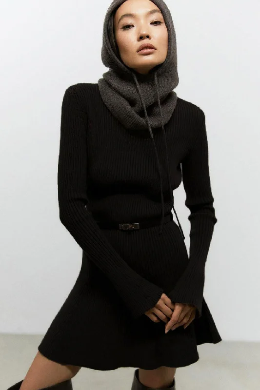 Chic High Neck Flared Long Sleeve Rib Knit Winter Sweater Mini Dress - Black Stylish Summer Mini Dress