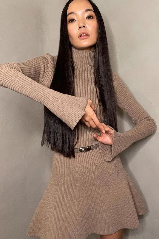 Chic High Neck Flared Long Sleeve Rib Knit Winter Sweater Mini Dress - Khaki Cozy Knit Mini Dress