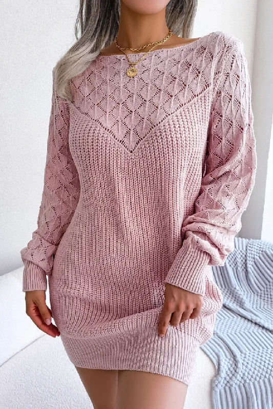Comfy Long Sleeve Pointelle Crochet Knit Winter Sweater Mini Dress - Pink Stylish Short Sleeve Mini Dress