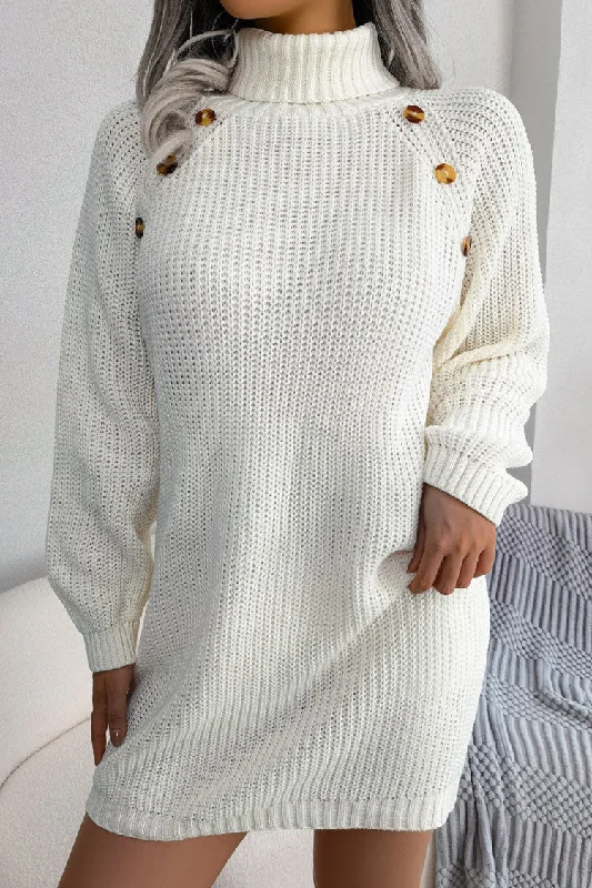 Cozy Winter Button Trim Ribbed Turtleneck Sweater Mini Dress - White Trendy Cut-Out Mini Dress Cozy Winter Button Trim Ribbed Turtleneck Sweater Mini Dress - White Trendy Cut-Out Mini Dress