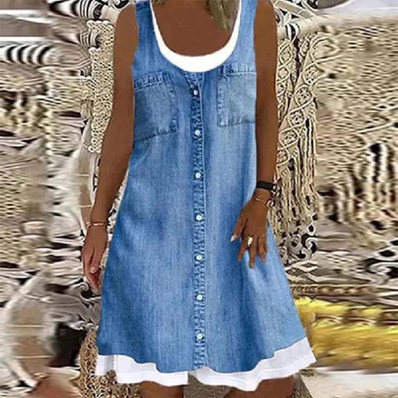 Denim Chambray Button Front Twofer Mini Dress Classic Black Mini Dress