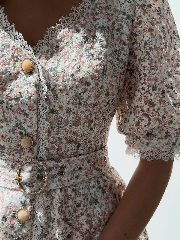 Elegant Floral Print V-Neck Mini Dress Trendy Crossover Mini Dress