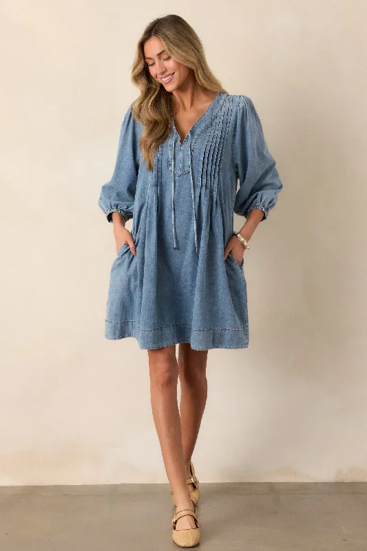 Endless Possibilities Light Wash Denim Mini Dress Fashionable Mini Dress with Frills