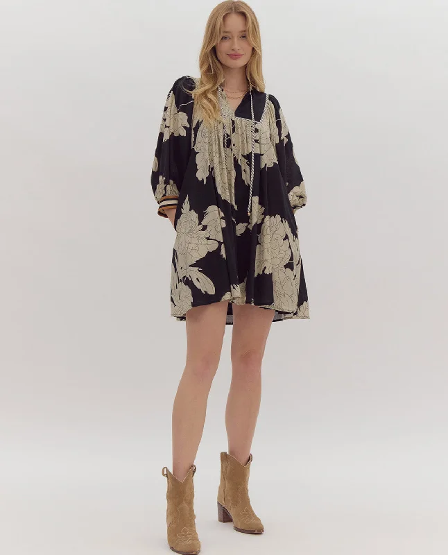 3/4 Sleeve Floral Print Woven Mini Dress Cozy Knit Mini Dress